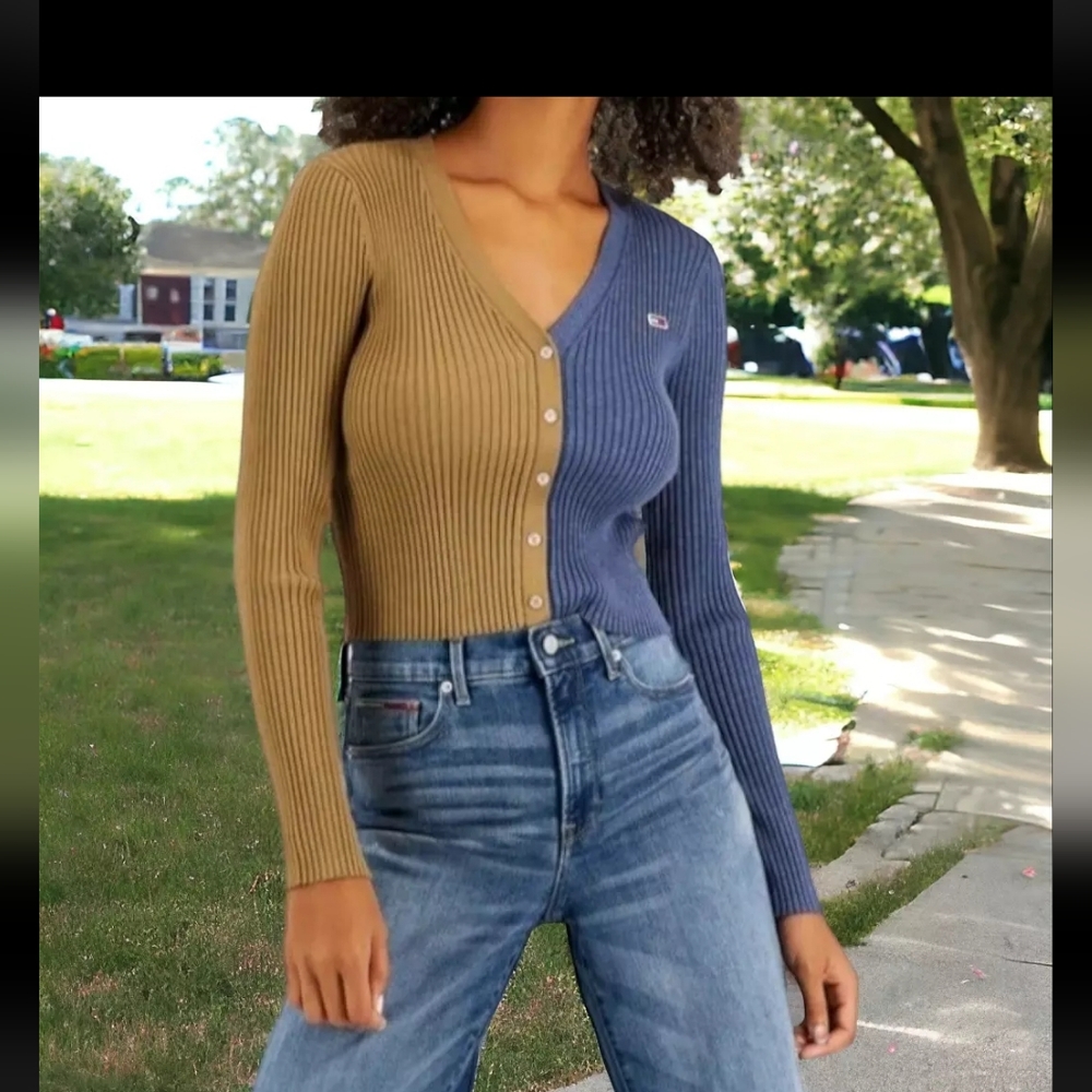 Tommy Hilfiger Blue and Tan Ribbed Sweater